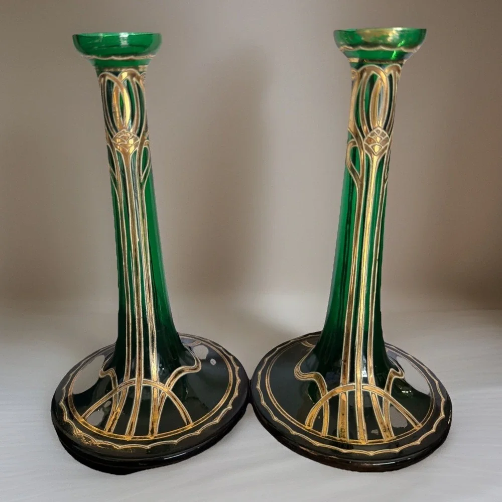 Vtg Art Nouveau Jugendstil Gold Gilded Green Satin Glass Vases 2 Ea Circa 1900s‎